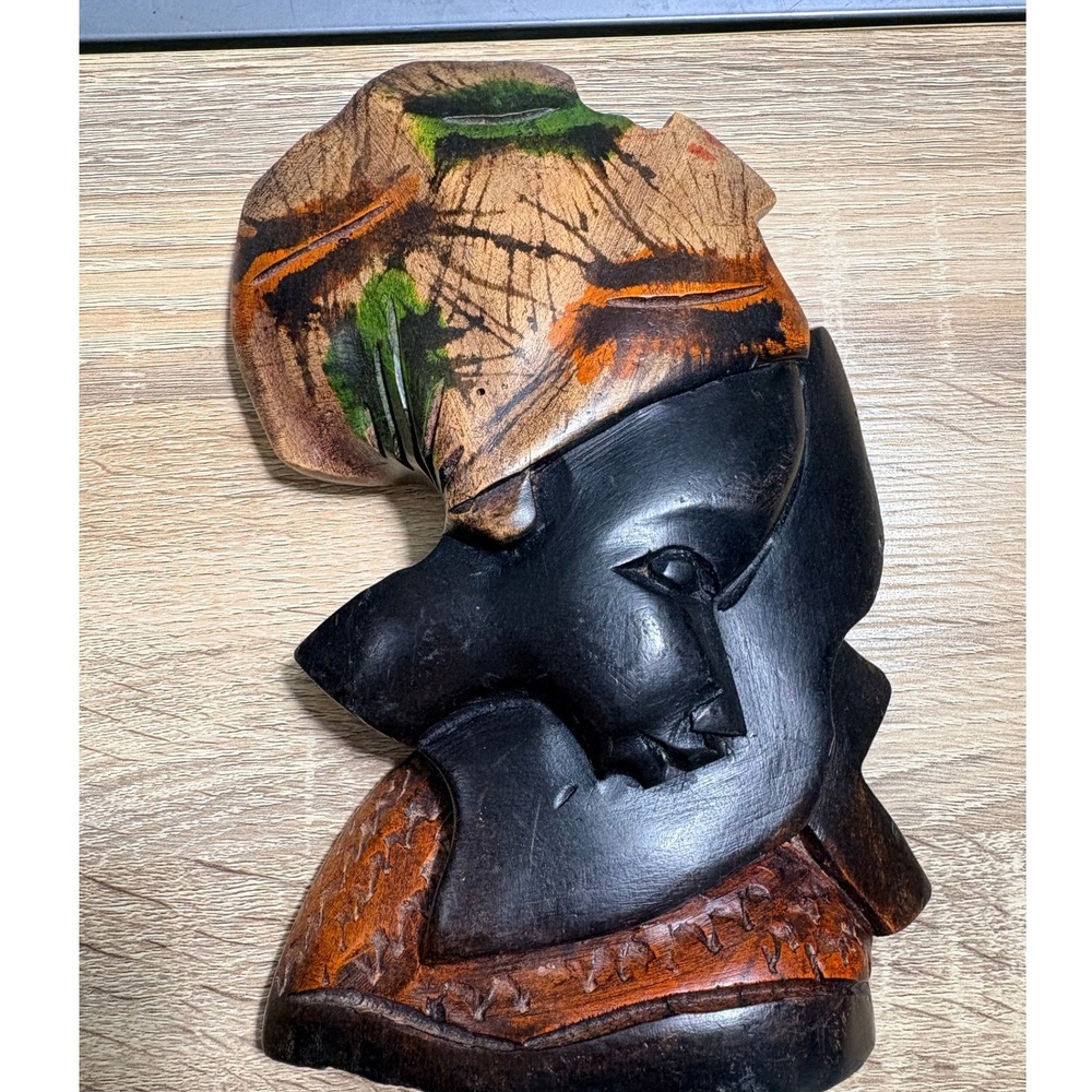 Hand Carved African Wood Bust Woman Headwrap Sculpture Wall Hanging Art 8.5"